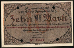 Notgeld Kempten 1918, 10 Mark, Denkmal, Unterschrift Vom Bürgermeister  - Lokale Ausgaben