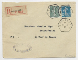 SEMEUSE 15C+25C LETTRE REC C. HEX PERPIGNAN AA 14.1.1919 POUR LA TOUR DE FRANCE PYRENEES ORIENTALES - 1877-1920: Periodo Semi Moderno