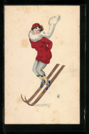 Künstler-AK W. Zabczinsky: Lachende Dame Beim Skisprung  - Sonstige & Ohne Zuordnung