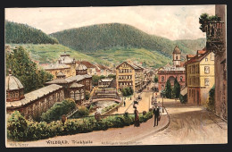 Künstler-Lithographie Wildbad / Schwarzwald, Ortspartie An Der Trinkhalle Mit Flusslauf  - Autres & Non Classés