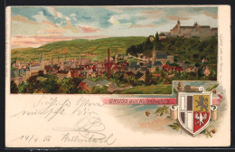 Lithographie Kulmbach I. B., Gesamtansicht Mit Der Burg, Wappen Im Passepartout  - Kulmbach