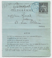FRANCE ENTIER 50C TELEGRAPHE CARTE LETTRE TELEGRAMME CACHET BLEU PARIS 10 7 MAI 1889 T - Rohrpost