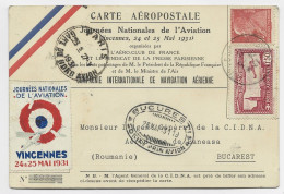 ROMANIA CARTE AEROPOSTALE JOURNEE AVIAION BUCURESTI PAR AVION 1931 TO FRANCE PA 1FR50+90C + VIGNETTE - Covers & Documents