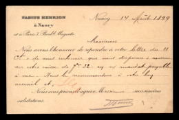 54 - NANCY - CARTE DE SERVICE DES ETS FABUIS HENRION - VOYAGE EN 1899 - Nancy