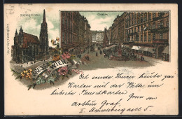 Lithographie Wien, Stefanskirche, Graben Mit Geschäft Und Denkmal  - Autres & Non Classés