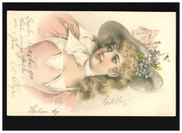 AK Frauen: Frau Mit Locken, Blüte, Hut Und Schleife Am Hals, Breslau 18.05.1901 - Moda
