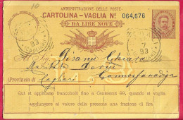 ANNULLO TONDO-RIQUADRATO"SADALI*17.7.93*/(CAGLIARI)") SU  INTERO CARTOLINA-VAGLIA UMBERTO C.15 DA LIRE 9 (CAT. INT.13) - Postwaardestukken