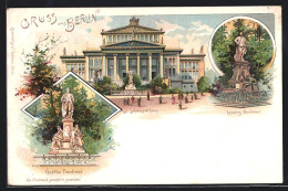 Lithographie Berlin, Goethe Denkmal, Lessing Denkmal, Kgl. Schauspielhaus, Gendarmenmarkt  - Mitte