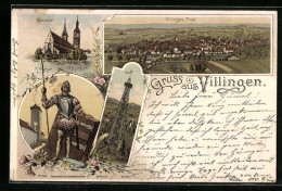 Lithographie Villingen / Schwarzwald, Münster, Romeus Mit Speer, Totalansicht  - Sonstige & Ohne Zuordnung