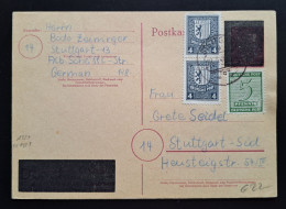 West-Sachsen 1946, Postkarte Notausgabe Schwärzung Zusatzfrankatur Stuttgart - Lettres & Documents