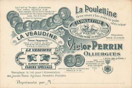 63 - OLLIERGUES - ENTREPRISE - ALIMENTS COMPLETS Pour ANIMAUX - "Victor PERRIN" CARTE COMMERCIALE ANCIENNE (8x13cm). - Olliergues