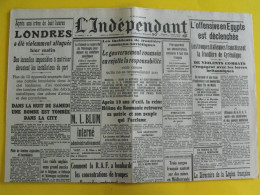 Journal L'Indépendant Du 16 Septembre 1940. Egypte Londres Finlande Blum Interné LVF Légion Française Roumanie - Other & Unclassified