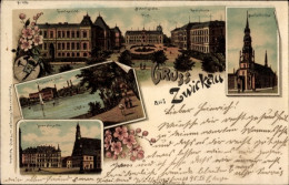 Lithographie Zwickau In Sachsen, Landgericht, Albertplatz, Post, Realschule, Markt, Marienkirche, Teich - Sonstige & Ohne Zuordnung