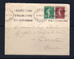 (ALM)  FRANCE  LETTRE 1926 VISITEZ CAEN CLOCHERS SUISSE NORMANDE 14 CALVADOS SEMEUSE BICOLORE TARIF  CARENTAN - Mechanical Postmarks (Advertisement)