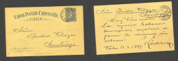 CHILE - Stationery. 1889 (13 March) Valp - Stgo. 2c Blue / Yellow Stat Card, Cds. XF. SALE. - Chile