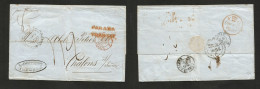 CHILE. 1854 (30 Dec) Valp - France, Chalms (26 Febr) Via BPO Valp - London Stampless EL With Text. Red Panama + Mns Char - Chile