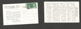 BC - Malta. 1937 (9 Nov) Valetta. Coronation Issue Single 1/2d Green Fkd Private Business Card To Germany, Hamburg. Fine - Andere & Zonder Classificatie