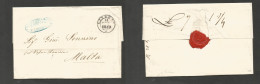 Italy - Prephilately. 1849 (11 Jan) Livorno - Malta. Stampless EL With Text, Depart Cds + Reverse Nms Charges. Endorsed  - Non Classés