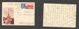 France - Stationary. 1937 (10 Febr) Blayno - Sarre, Searbruchen. 90c Red Eiffel Illustrated Stat Card + 10c Blue Semeuse - Other & Unclassified