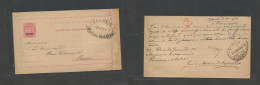 PORTUGAL-AZORES. 1897 (19 Nov) Angra Do H. - France, Paris 20r Rose Ovptd Stat Card, Oval Ds. XF Via Lisboa (27 Nov) SAL - Andere & Zonder Classificatie