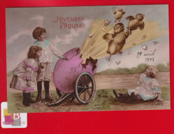 CPA Fantaisie JOYEUSES PAQUES Enfants Canon Oeuf Explosif Poussins 1908 - Pâques