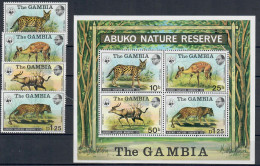 GAMBIA 1976 WWF ANIMALI ABUKO NATURE R. SERVAL ANTELOPE LEOPARD  SERIE COMPLETA + FOGLIETTO Mi.Nr.332/5 + BL 2  MNH/** - Gambie (1965-...)