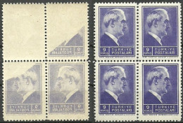 Turkey; 1944 2nd Inonu Issue 9 K. ERROR "Abklatsch" (Block Of 4) - Unused Stamps