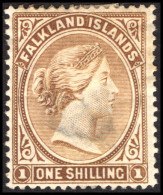 Falkland Islands 1891-1902 1s Yellow-brown Unused Part Gum Hinge Thin. - Falkland Islands