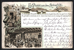 Vorläufer-Lithographie Salzburg, 1895, Gasthaus Bräustübl, Innenansicht  - Other & Unclassified