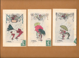 1er AVRIL - Lot 3 Cartes POISSONS Humanisés Sous Parapluies Et Pluie - Muguet - 1 April (aprilvis)