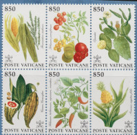 Vatican 1992 Plants From America 6-block MNH Mais, Tomato, Cacao, Paprika, Ananas, Cacti - Agriculture