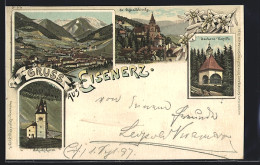 Lithographie Eisenerz, St. Oswaldkirche, Barbara-Kapelle, Ortsansicht  - Other & Unclassified