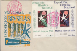 Spanien FDC Block 13 +14 Nationale Briefmarkenausstellung Madrid, Weltausstellung Brüssel 25.06.1958 - Blocks & Kleinbögen