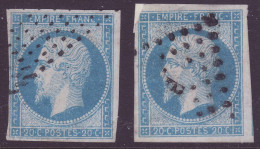FRANCE 1853-1860 Two Stamps 20c Bleu Laiteux YT N°14Af Restoration Of One Corner - 1853-1860 Napoléon III