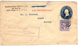 USA 1919, 3 C. M. Perfin Auf 5 C. Bergensfjord Schiffsbrief M. NY Customs Stpl. - Other & Unclassified