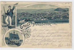 39022808 - Mondschein Lithographie Gruss Aus Poessneck / Saale-Orla-Kreis. Totalansicht Rathaus Mann Mit Hut Gelaufen 1 - Andere & Zonder Classificatie