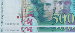 Suite De 2 Billets 500 Francs PIERRE Et MARIE CURIE 1994 - Numéros Consécutifs P024309535 Et 36 - 500 F 1994-2000 ''Pierre Et Marie Curie''