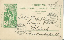 SUISSE  CARTE 5c  MARQUE LINEAIRE  WINTERTHUR + AMBULANT N°26 POUR ZURICH  DE 1900 LETTRE COVER - Storia Postale