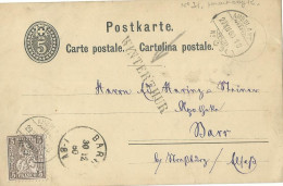 SUISSE  CARTE 5c + 5c MARQUE LINEAIRE WINTERTHUR + AMBULANT N°31  POUR BARR DE 1880 LETTRE COVER - Lettres & Documents