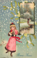 N°25021 - Carte Fantaisie Gaufrée - Bonne Année - Fillette Avec Manchon Faisant Du Patin à Glace - Nouvel An