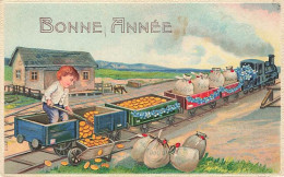 N°25023 - Carte Fantaisie Gaufrée - Bonne Année - Garçon Déchargeant Des Pièces D'or 'un Train - New Year