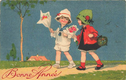 N°25025 - Carte Fantaisie - Bonne Année - Baumgarten - Fillettes Se Promenant Avec Es Bouquets De Fleurs - Neujahr