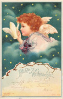 N°25031 - Carte Fantaisie - Clapsaddle - Fröhliche Weihnachten - Angelot Avec Une Fleur Blanche - Other & Unclassified