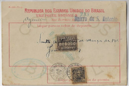 Brazil 1915 Money Order From Saint Anthony District Recife To Bahia Vale Postal Stamp 20$000 Floriano Peixoto 300 Réis - Lettres & Documents