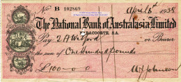 Vintage National Bank Of Australasia Cheque AU£100 6 April 1938 Naracoorte South Australia - Otros & Sin Clasificación