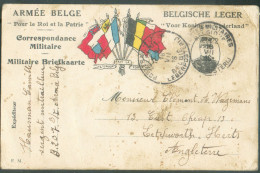 Carte Aux Drapeaux ARMEE BELGE (ROI ALBERT) Obl. Sc POSTES MILITAIRES BELGIQUE Du 16-VII-1916 Vers Letchworth (Herts) - - Army: Belgium