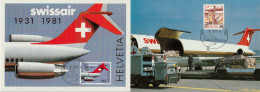 Schweiz Suisse 1981/87: SWISSAIR Zu 653+739 Mi 1195+1344 Yv 1125+? Auf 2 MK Mit ⊙ BASEL & ZÜRICH FLUGHAFEN - Vliegtuigen