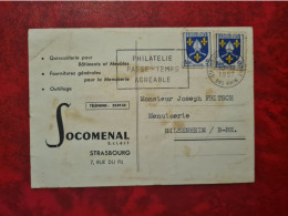 LETTRE STRASBOURG FLAMME 191957 PHILATELIE PASSE TEMPS GREABLE AVIS DE PASSAGE SOCOMENAL QUINCAILERIE - Other & Unclassified