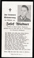 DEATH CARD  -  AVIS  DE  DECES  - STERBEBILD -  JOSEF WIEDNER - SOLDAT IN MOTOR  Rgt,,  -  GEFALLEN  IN SMOLENSK, RUSSIA - 1939-45