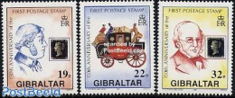 Gibraltar 1990 150 Years Stamps 3v, Mint NH, Transport - Stamps On Stamps - Coaches - Postzegels Op Postzegels